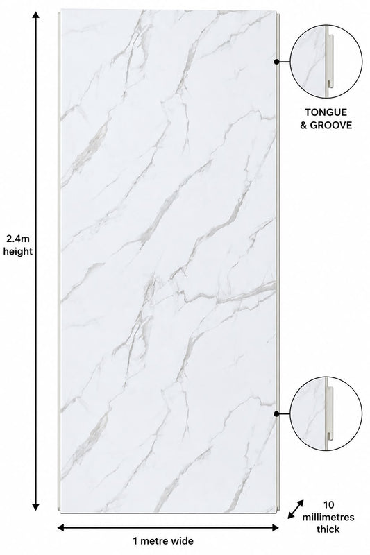 White Marble Shower Wall Panel | 2.4m x 1m | 10mm PVC Tongue & Groove