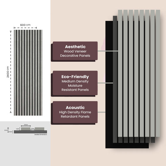 Silver Walnut acoustic slat wall panel construction layers — wood veneer slats on black acoustic felt backing