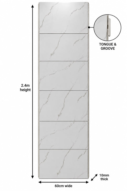 White Marble Matt Tile Effect Shower Wall Panel | 2.4m x 60cm | 10mm PVC Tongue and Groove