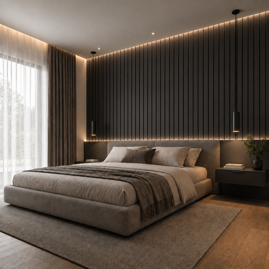 Acoustic Slat Wall Panels — Dark Oak (2400×600mm, 44mm Wide Slat)