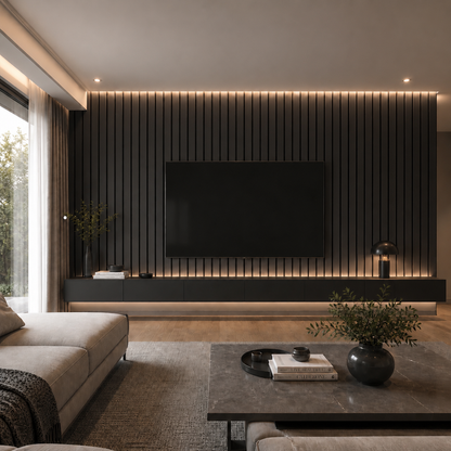 Acoustic Slat Wall Panels — Dark Oak (2400×600mm, 44mm Wide Slat)
