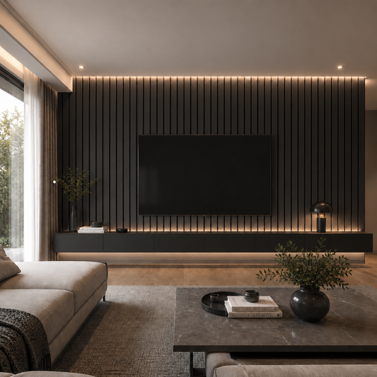Acoustic Slat Wall Panels — Dark Oak (2400×600mm, 44mm Wide Slat)