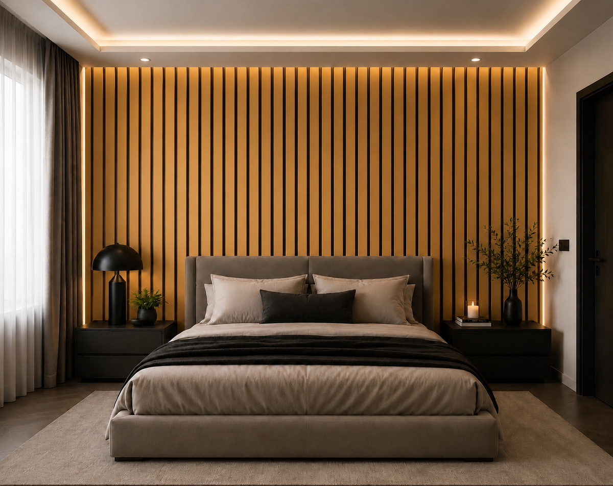 Acoustic Slat Wall Panels — Brass PVC (2400×600mm, 44mm Wide Slat)
