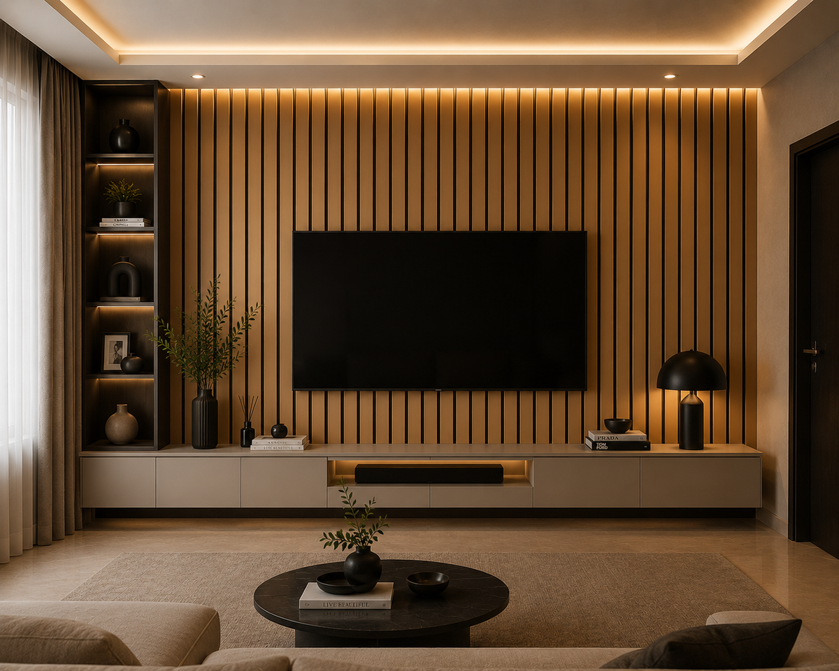 Brass PVC acoustic slat wall panel — colour and texture detail shot