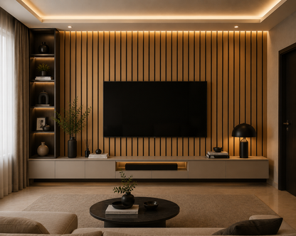 Brass PVC acoustic slat wall panel — colour and texture detail shot