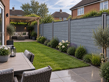 A modern backyard garden scene with a tall grey composite fence, green lawn, landscaped flower beds, patio seating, and outdoor furniture in a residential setting.