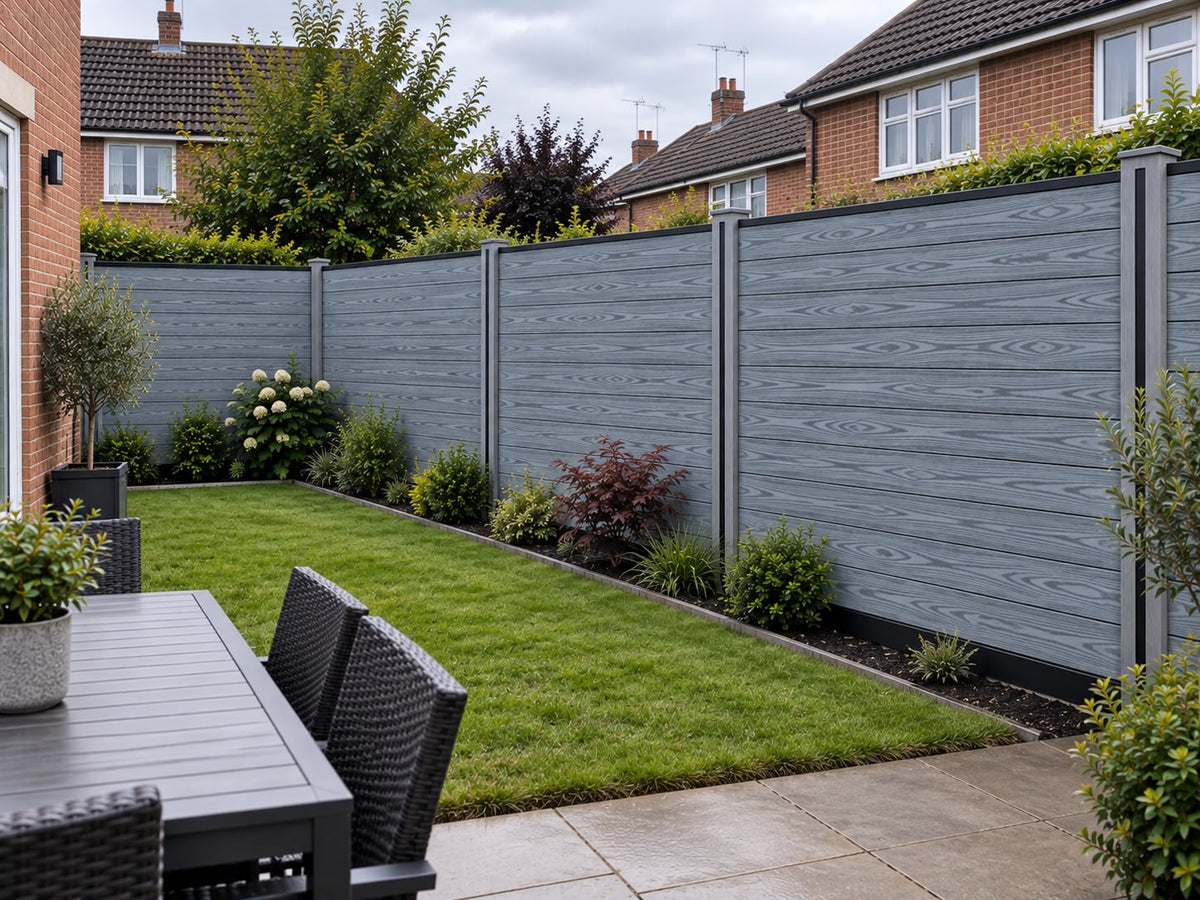 WPC Composite Fencing Dark Grey close-up showing realistic wood grain texture