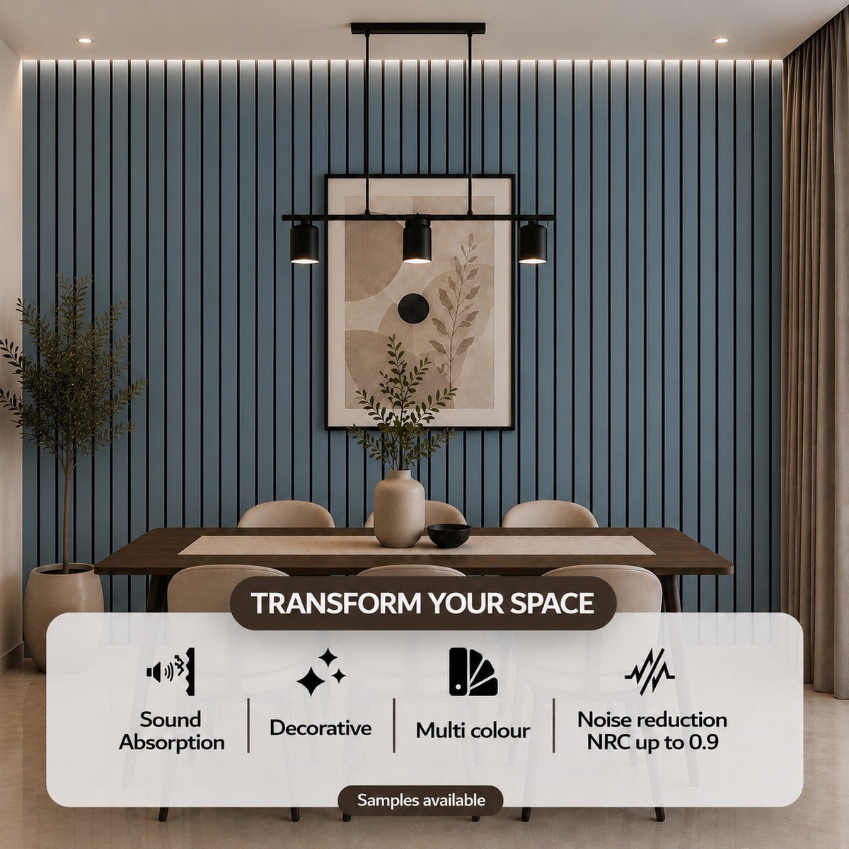 Acoustic Slat Wall Panels — Blue PVC (2400×600mm, 44mm Wide Slat)