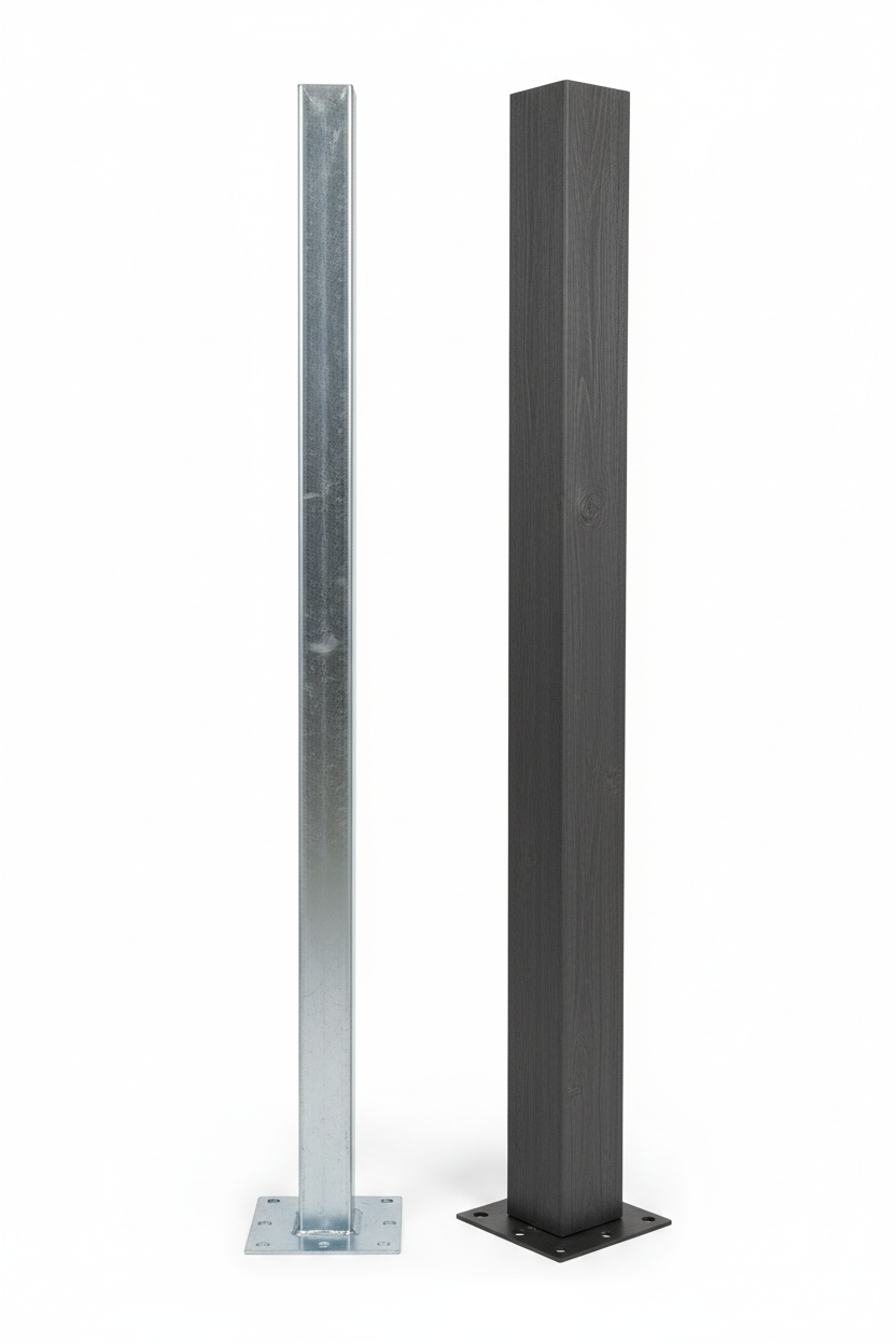 Composite Fencing End Post Set hero image showing two posts side by side on white background: left is a bare 1.8m galvanised steel square post with flat base plate, right is the same post fitted with an Anthracite dark grey WPC composite outer sleeve with wood grain texture and base plate at the bottom