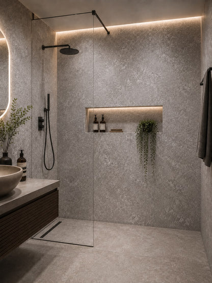 Concrete Gloss Shower Wall Panel | 2.4m x 1m | 10mm PVC Tongue & Groove