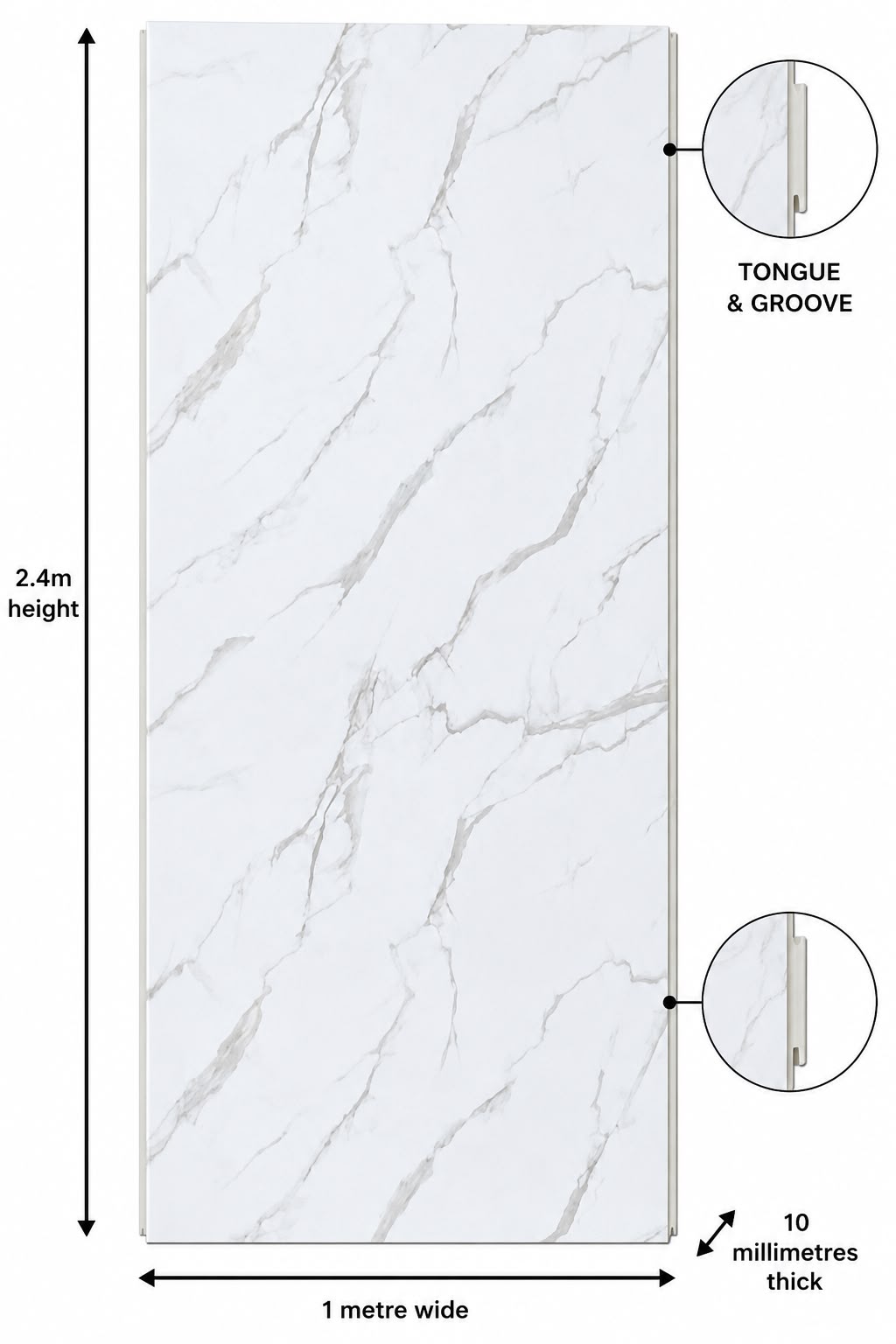 White Marble Shower Wall Panel | 2.4m x 1m | 10mm PVC Tongue & Groove