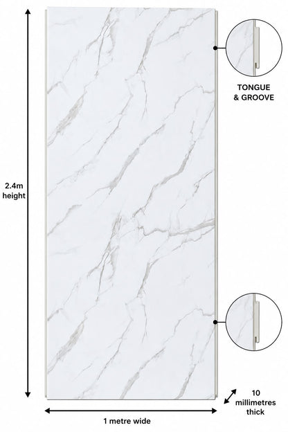 White Marble Shower Wall Panel | 2.4m x 1m | 10mm PVC Tongue & Groove