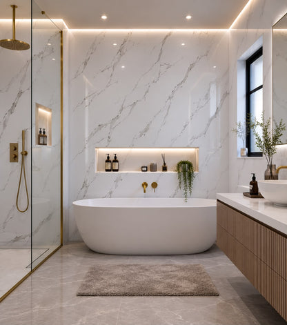 White Marble Shower Wall Panel | 2.4m x 1m | 10mm PVC Tongue & Groove