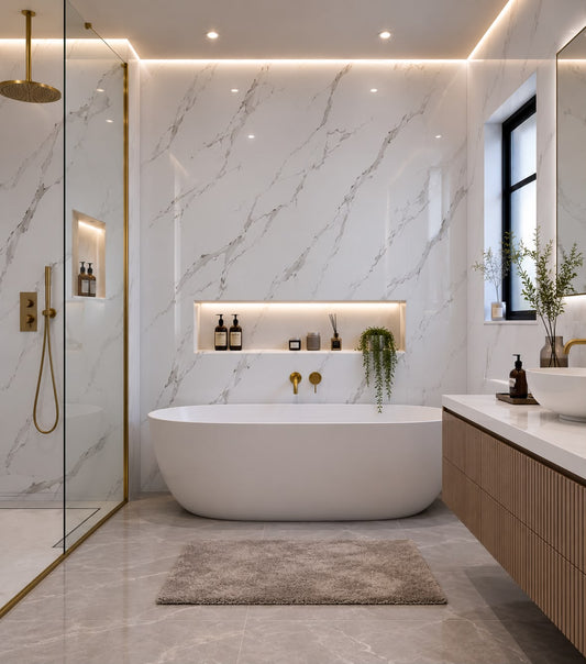 White Marble Shower Wall Panel | 2.4m x 1m | 10mm PVC Tongue & Groove