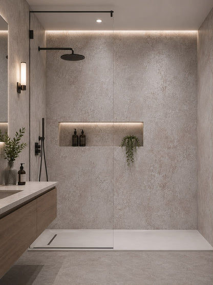 Matt Beige Concrete Shower Wall Panel | 2.4m x 1m | 10mm PVC Tongue & Groove