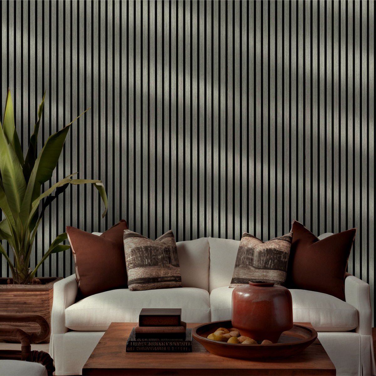 Silver Walnut acoustic slat wall panel — grey-brown wood veneer slat detail