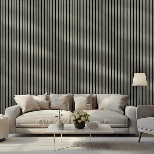Silver Walnut acoustic slat wall panel — 2400×600mm, 35mm standard slat close-up