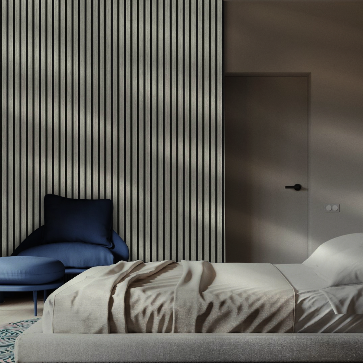 Silver Walnut acoustic slat wall panel — angled view of slats and backing