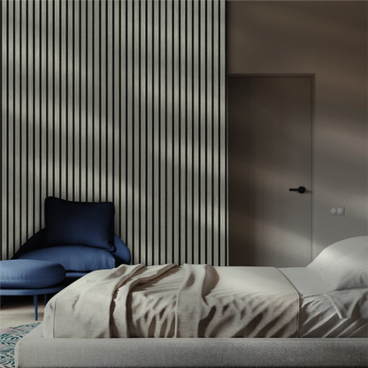 Silver Walnut acoustic slat wall panel — angled view of slats and backing
