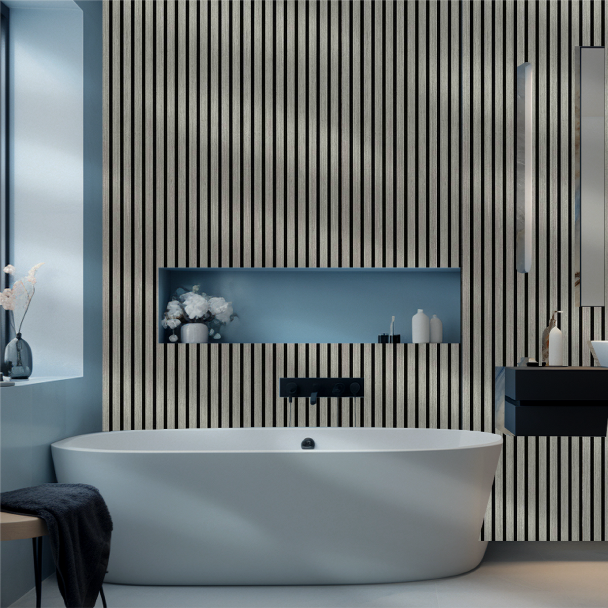 Silver Walnut acoustic slat wall panel — close-up of slat texture and finish