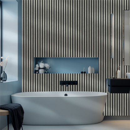 Silver Walnut acoustic slat wall panel — close-up of slat texture and finish