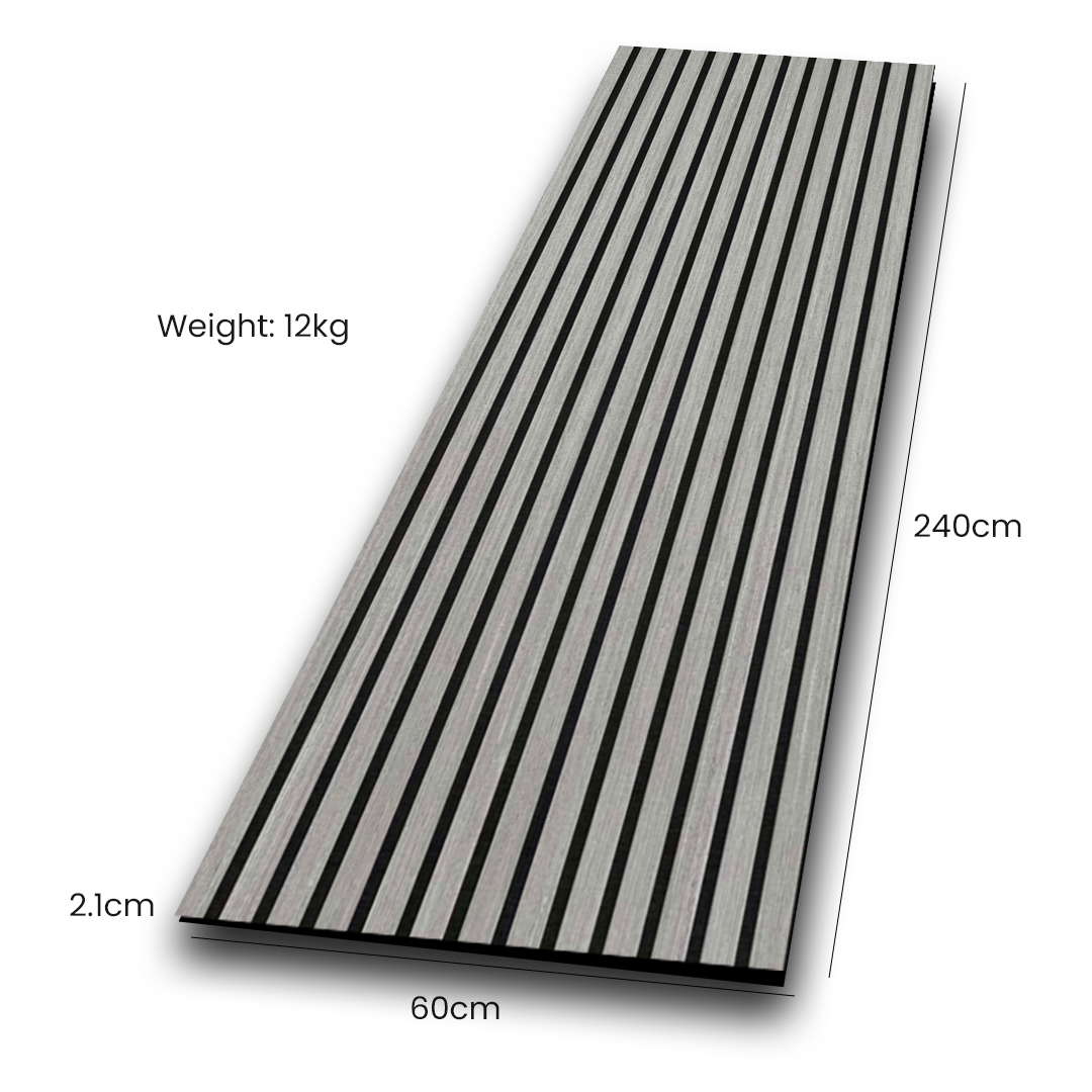 Silver Walnut acoustic slat wall panel dimensions diagram — 2400×600mm full panel measurements