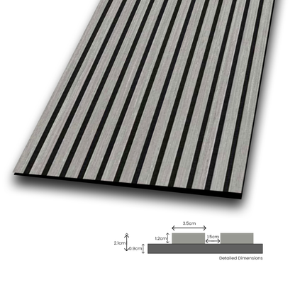 Silver Walnut acoustic slat wall panel measurements — 35mm slat width and panel thickness