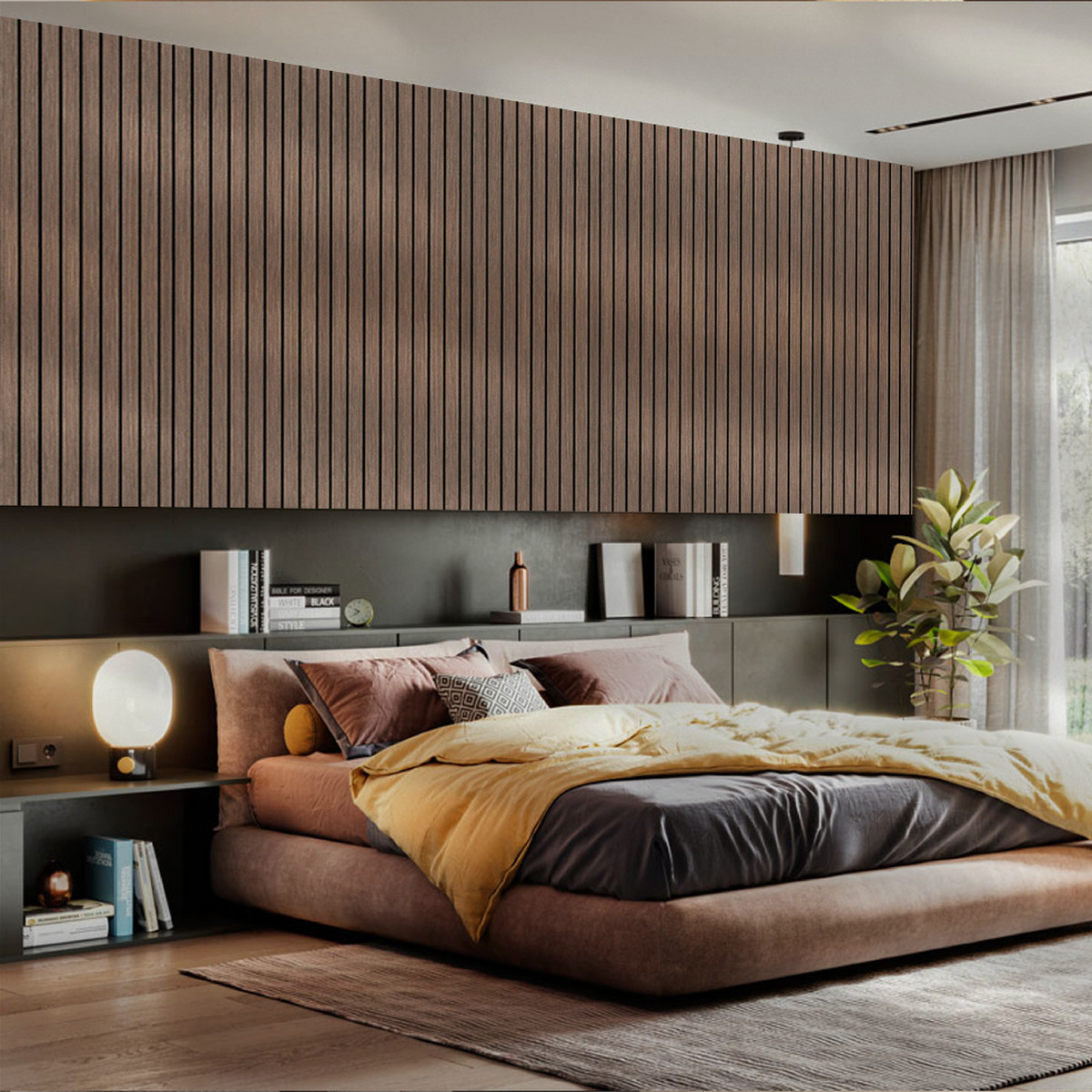 Walnut acoustic slat wall panel — 2400×600mm, 35mm standard slat close-up
