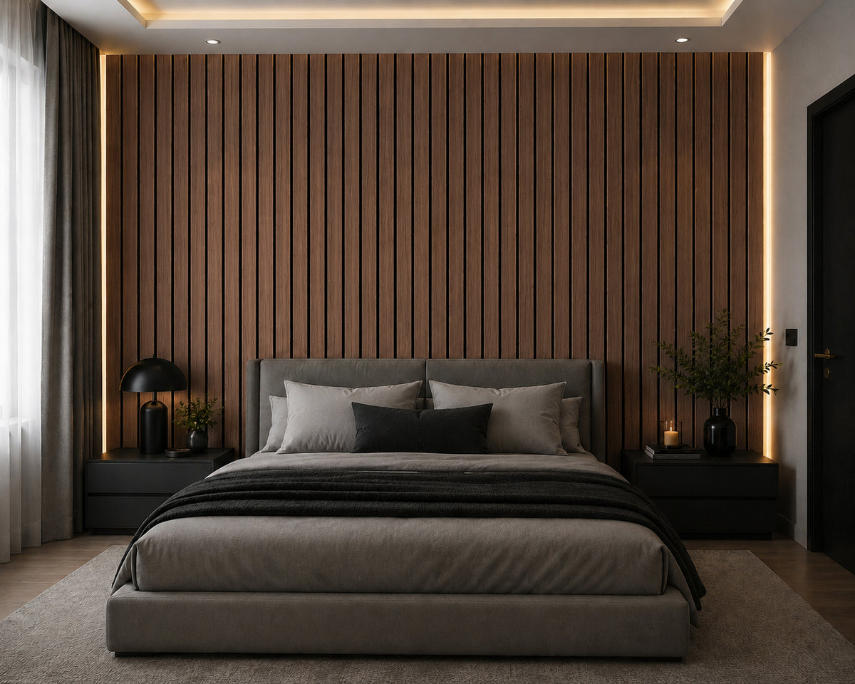 A modern bedroom featuring a bed dressed in gray bedding, set against a prominent brown vertical wood slat accent wall with warm LED lighting.