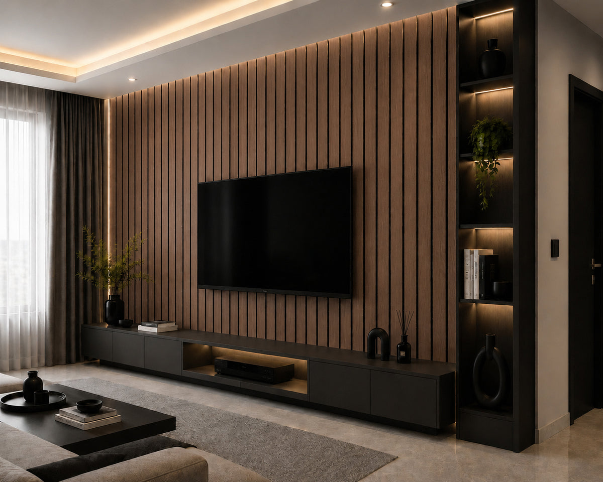 A modern living room featuring a dark wood slatted accent wall with a mounted flat-screen TV, a low dark media console, built-in shelving with warm lighting, and a light rug on a polished floor.