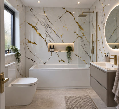 Gloss Carrara Gold Marble Shower Wall Panel | 2.4m x 1m | 10mm PVC Tongue & Groove