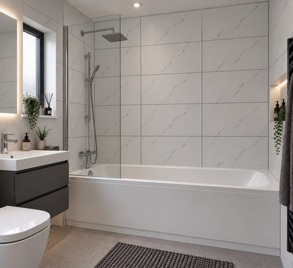 White Marble Matt Tile Effect Shower Wall Panel | 2.4m x 60cm | 10mm PVC Tongue and Groove