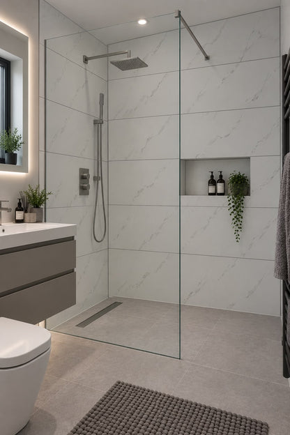 White Marble Matt Tile Effect Shower Wall Panel | 2.4m x 60cm | 10mm PVC Tongue and Groove