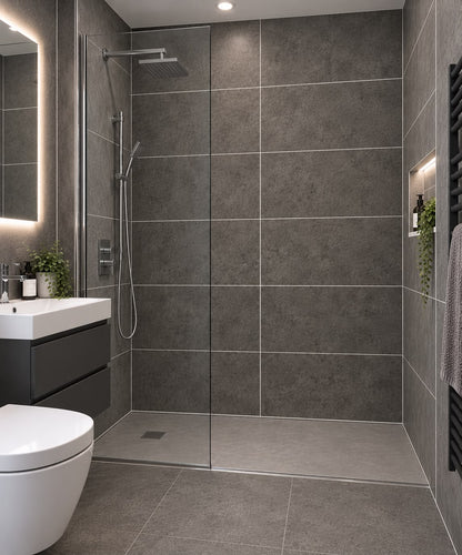 Dark Grey Marble Matt Tile Effect Shower Wall Panel | 2.4m x 60cm | 10mm PVC Tongue and Groove
