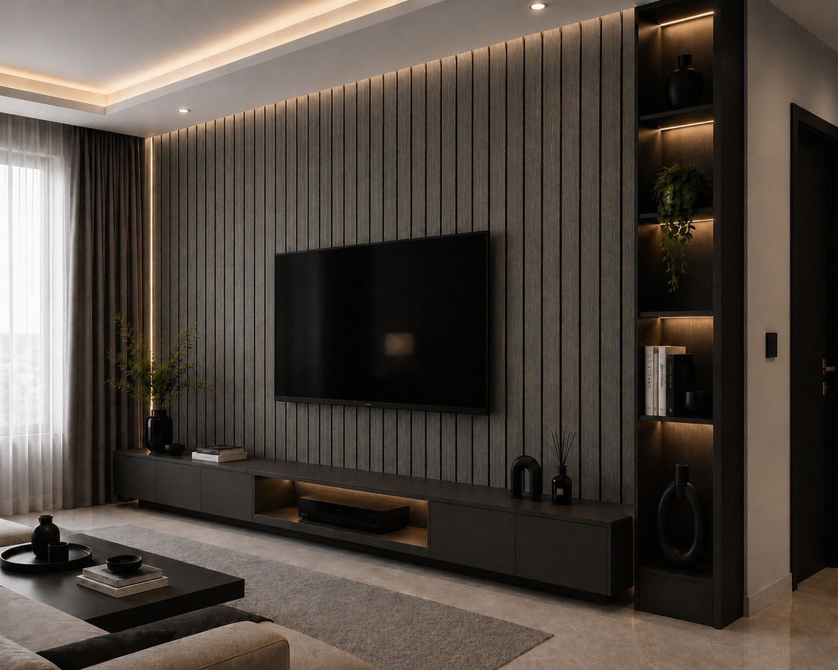 Dark Oak acoustic slat wall panel — close-up of deep brown oak wood grain