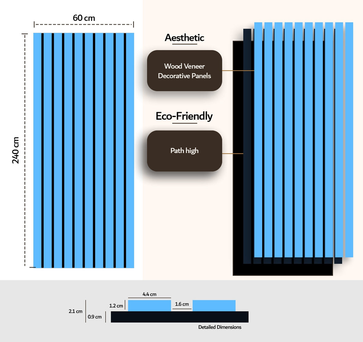 Blue PVC acoustic slat wall panel installed as feature wall — interior room lifestyle shot