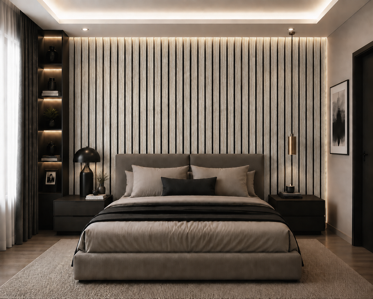 Swiss Oak acoustic slat wall panel — 2400×600mm warm oak wood veneer close-up