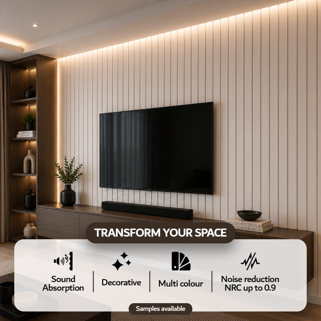 White PVC acoustic slat wall panel — alternate angle of slats and felt backing
