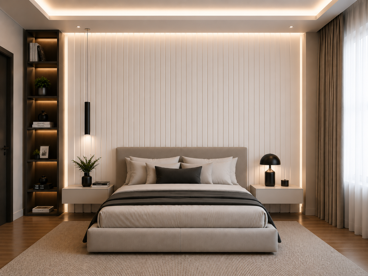 White PVC acoustic slat wall panel — 2400×600mm clean minimal finish close-up